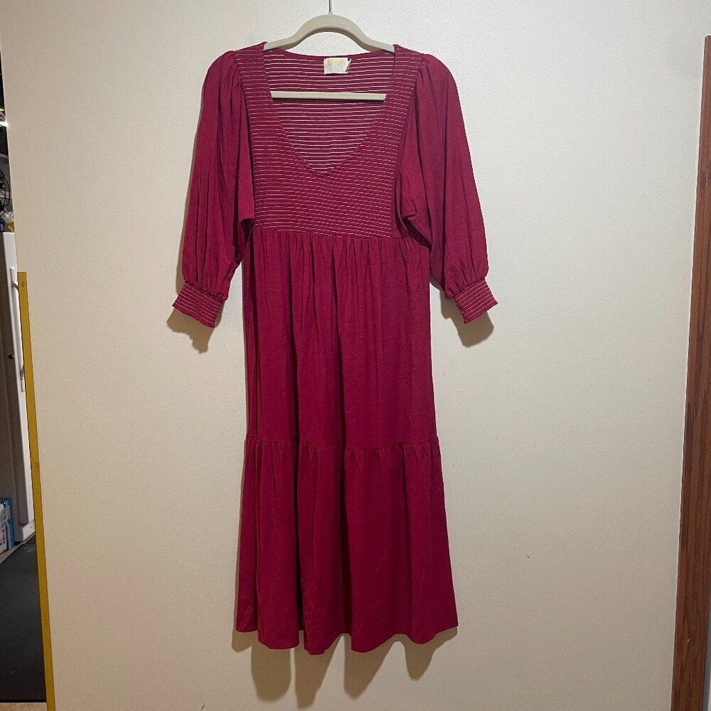 Nation LTD Size S Small Rona Puff Sleeve Smocked Tiered Midi Dress Berry Pink - Picture 3 of 15